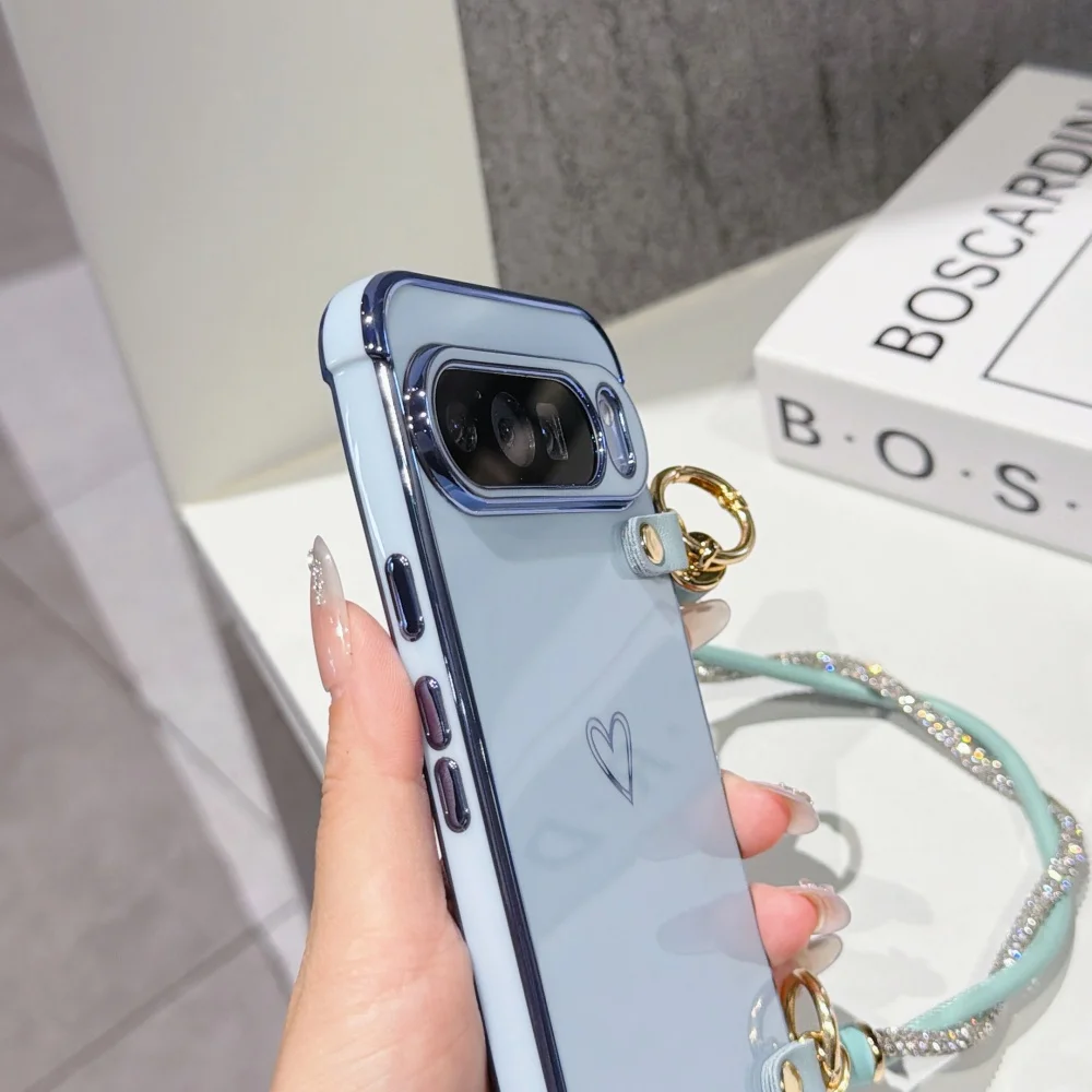 Enhanced Plating Hollow Love Phone Case with Lanyard and Wrist Strap - Shockproof Protection