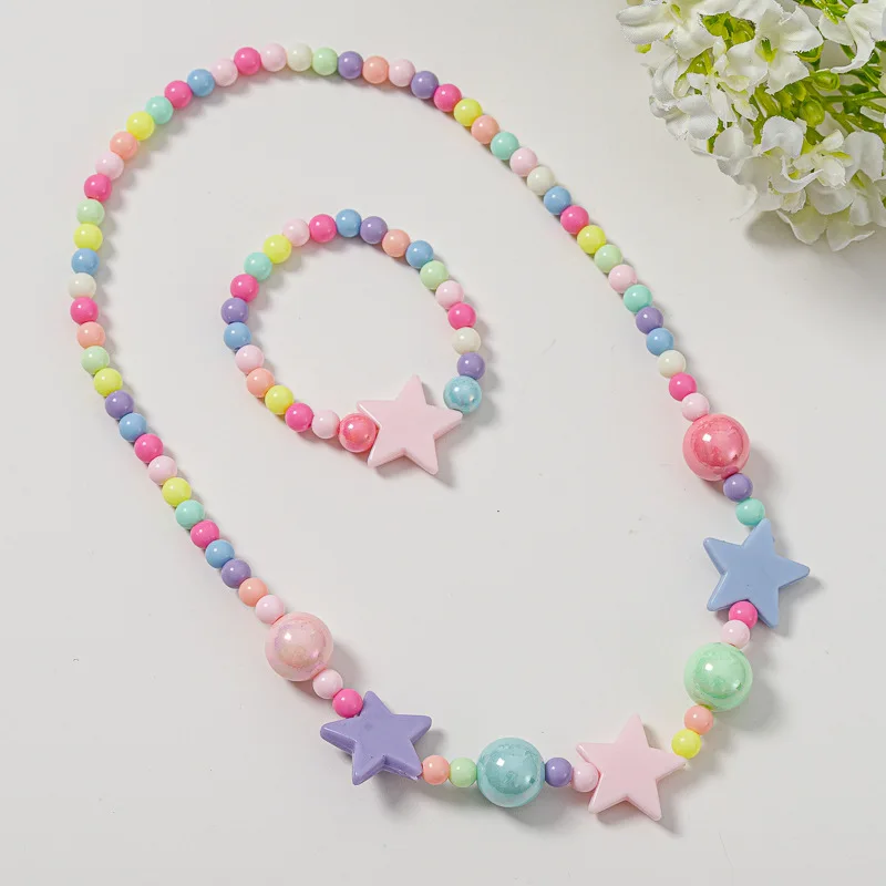 Heart Necklace and Colorful Bead Bracelet Set - Cute Jewelry for Girls