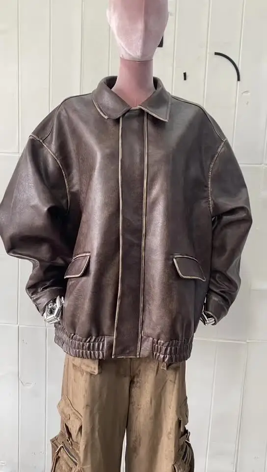 Nerazzurri Spring Autumn Cool Oversized Distressed Brown Pu