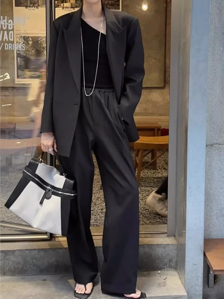 Office Ladies Blazer Pant Sets Women Fashion Two Pieces Set Casual Loose Chic Black Jackets Wide Leg Pantsuits New in Matching