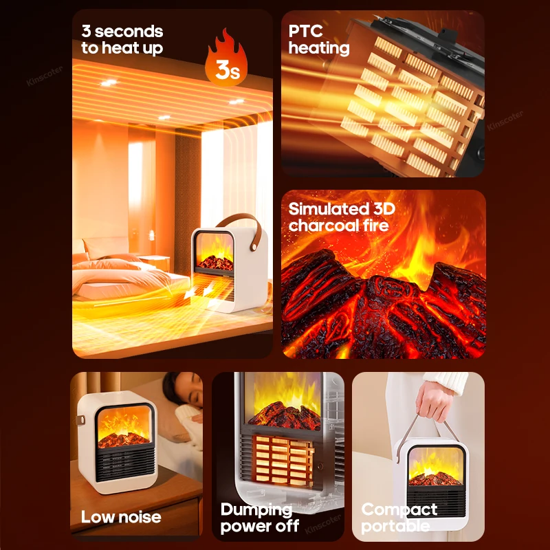 Electric Fireplace Heater Portable Warm Blower Fan Desktop Household Home 3D LED Flame Heating Stove Radiator for Living Bedroom 2