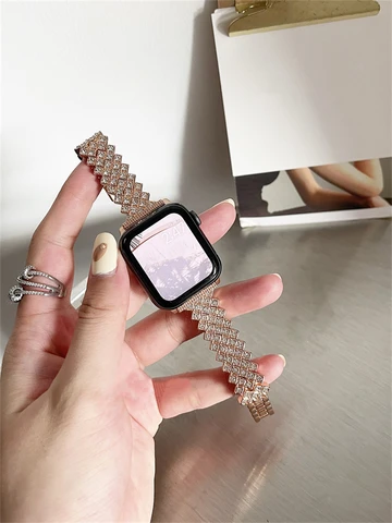 Metal Diamond Bracelet For Apple Watch Band 44mm 41mm 42mm 38 45 40mm For iwatch 7 SE 6 5 4 3 Stainless Steel Loop Strap