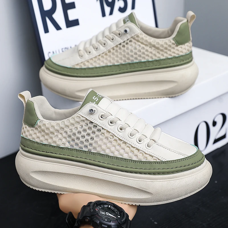 Summer Mesh Height Increasing Shoes Men Breathable Casual White Green Men's Sneakers Comfortable Platform Fashion Shoes For Man