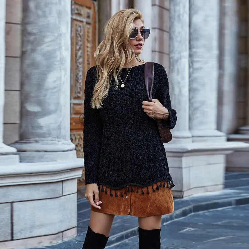 

Autumn and Winter Europe and America New Loose Large Size Spliced Knitting Shirt Solid Color Woven Women's Sweater