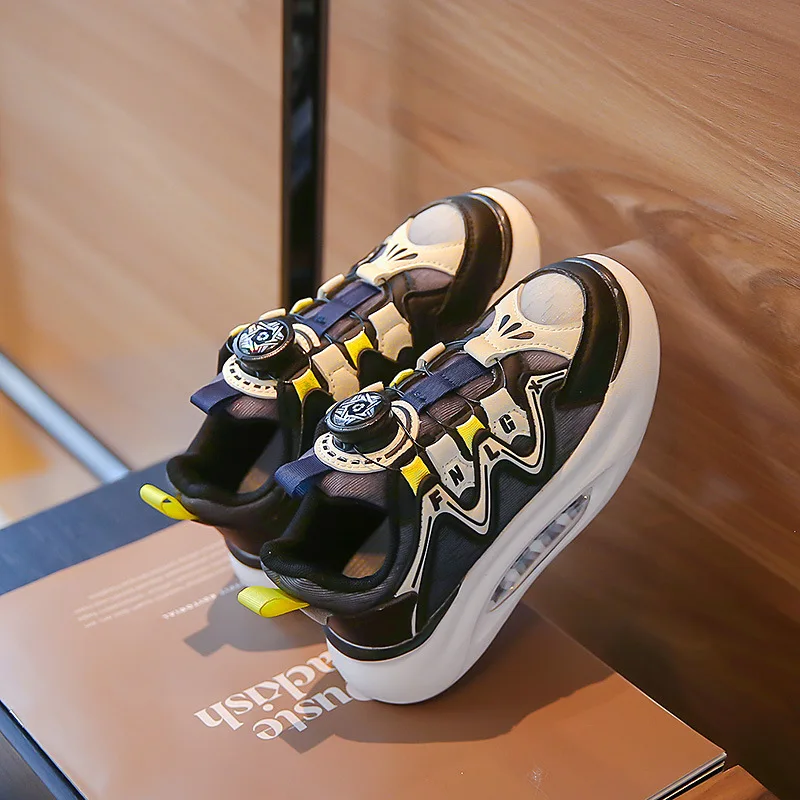

Kids Autumn Sneakers New 2023 Baby Boys Girls Sports Shoes Children Rotating Buckle Mesh Patchwork Breathable Running Trainers