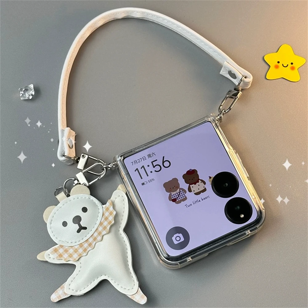 Adorable Dancing Bear Pendant Leather Strap Phone Case with Clear Finish