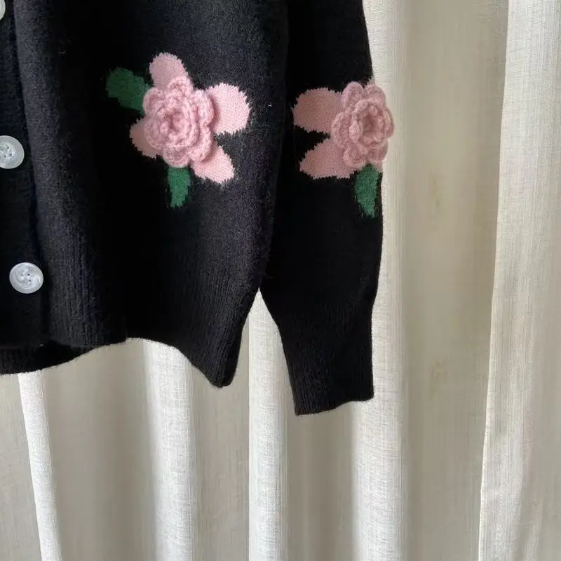 Casual Sweater Female 2023 Cardigan Women Sweater Loose Outer Coat Long Sleeve 3D Flower Round Neck Knitted Cardigan Female 3
