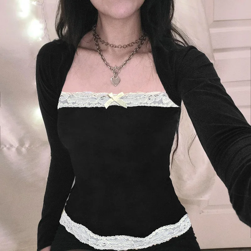 T-Shirt Con Colletto Suqare Con Rifiniture In Pizzo Fairycore T-Shirt Slim Fit A Maniche Lunghe Grunge Coreano Cottage Y2K Estetica Retro Milkmaid Cro