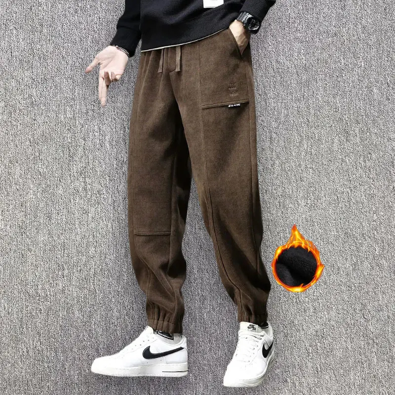 

Mens Fleece Velvet Thick Lining Joggers Pants Casual Cargo Pants Drawstring Elastic Waist Baggy Tapered Sweatpants With Pockets