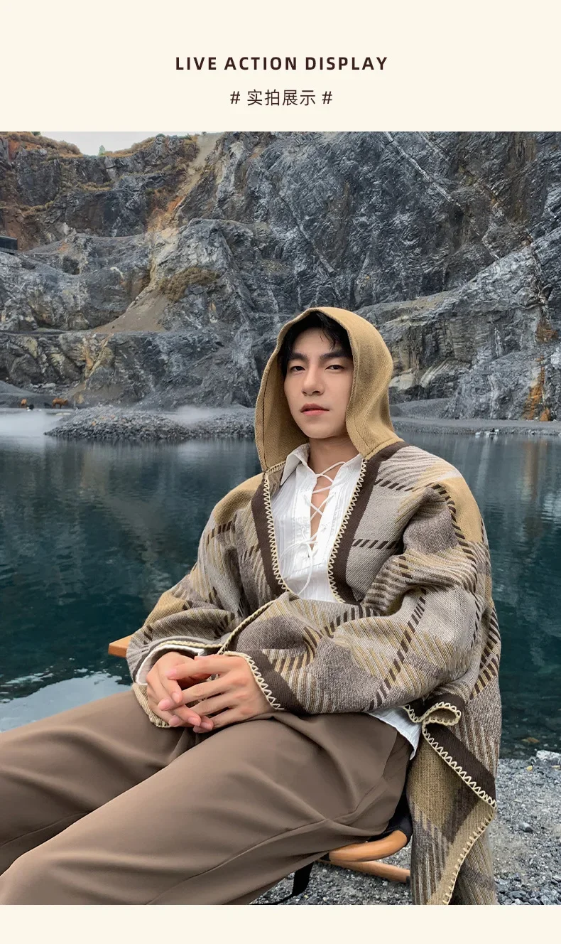 Herren Poncho Winter Warme Schal Verdickung Decke Luxus Schal Männlicher Umhang Kaschmir Mischung Pashmina Cape Stola Karomuster Wickel – Detail 8