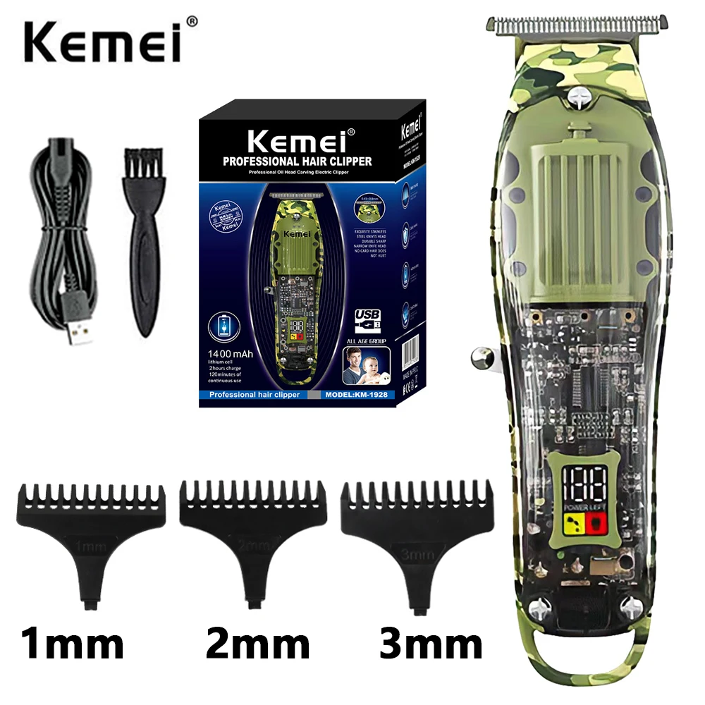 

Kemei Professional Hair Clipper Adjustable Electric Hair Cutting Machine Men's Cordless Transparent Camouflage Trimmer KM-1928