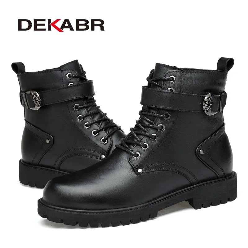 Mens Leather Boots DEKABR Men Genuine Leather Lace-up Ankle Boots Winter Motorcycle Boots Men Safety Work Shoes Punk Style mens leather boots motorcycle leather boots