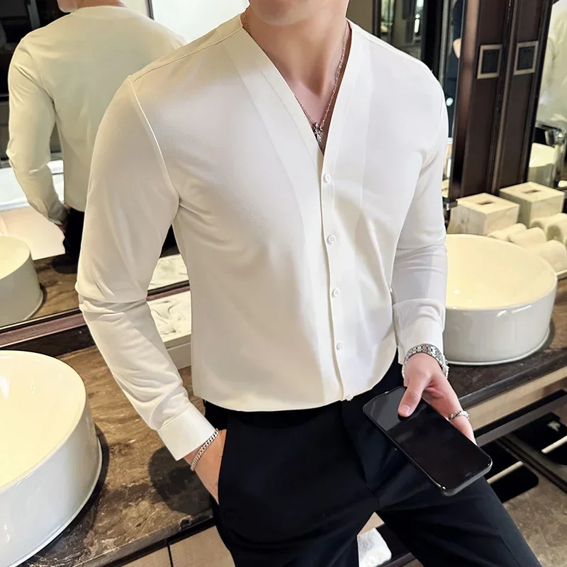 남성용 브이넥 긴팔 셔츠, 영국 스타일, 단색, 캐주얼, 슬림핏, 정장 원피스 셔츠, 남성 의류, 신상