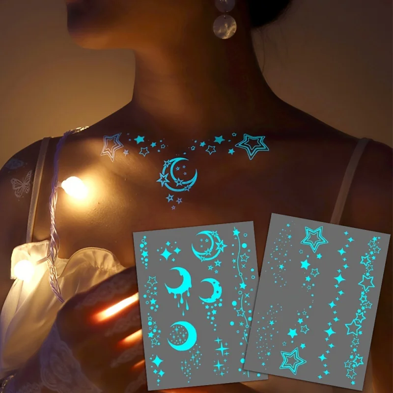 Tattoo Stickers 4 Sheets Blue Glow in the Dark Moon and Stars Tattoo Stickers for Women and Girls White Design Fake Bracelet Necklace Tattoos