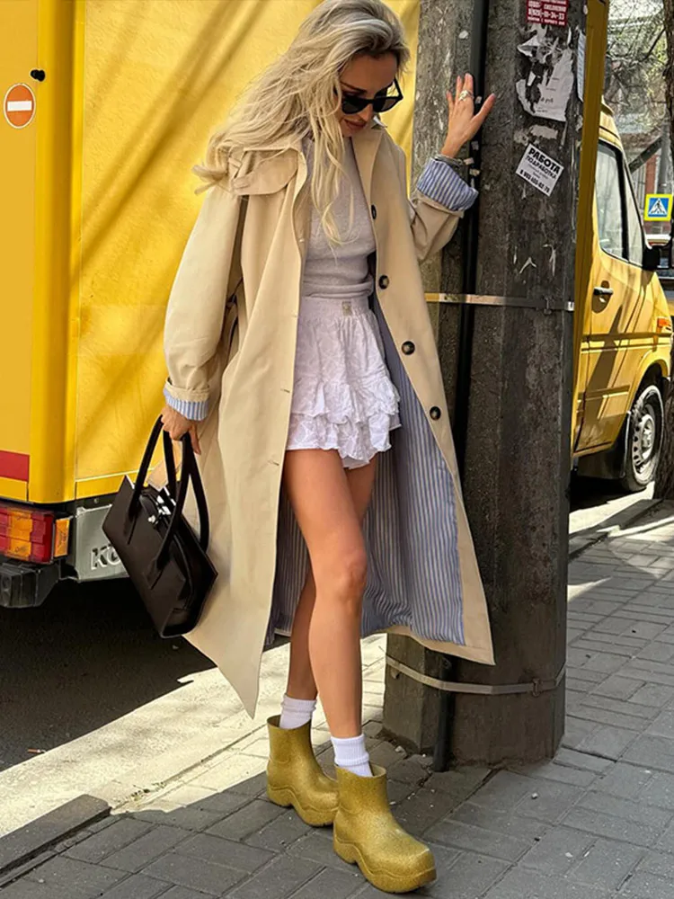 Vintage Splicing Striped Khaki Trench Women Retro Lapel Single-Breasted Long Windbreaker Lady Autumn Elegant Chic Street Outwear girls trench coats