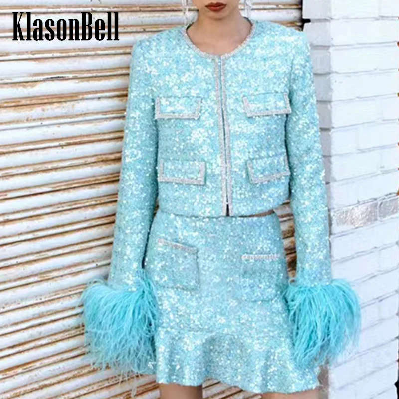 

1.7 KlasonBell Luxury Fashion Tweed Sequins Set Cuff Feather Diamonds O-Neck Short Jacket Or Ruffle Skirt Women 2024 New