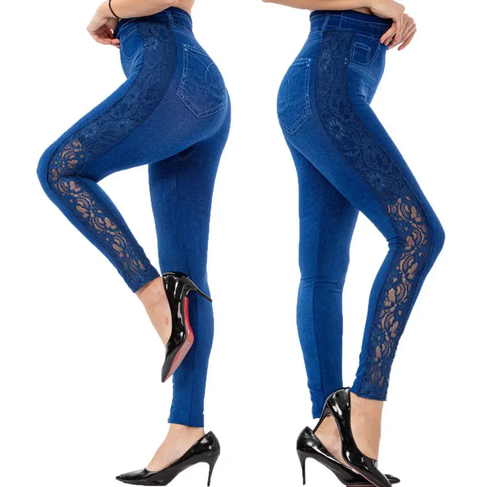 Women Vintage Wash Color Denim Print Leggings Lace Stretchy Pencil Pants Women's Seamless Ankle Length Skinny Fake Jeans Tights