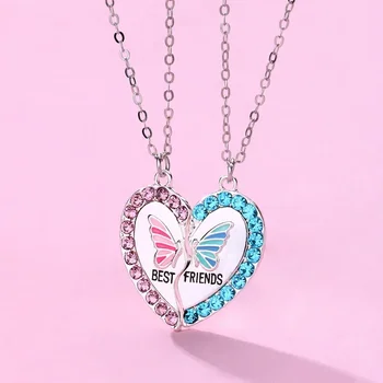 Lovecryst 2Pcs/set Delicate Rhinestone Butterfly Heart Best Friend Necklace BFF Friendship Jewelry Gifts for Kids 1