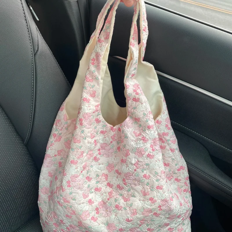 Korean Pink Flower Canvas Bag For Women 2025 New Large Capacity Embroidered Single Shoulder Tote Bag Commuter Underarm Bag