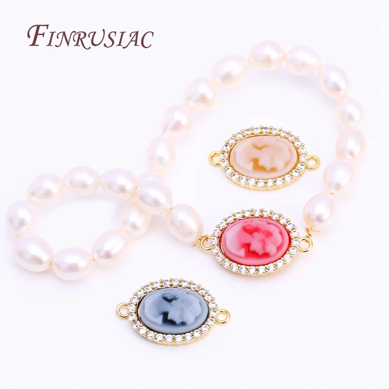 목걸이 만들기에 대 한 3 색 상감 지 르 콘 타원형 카메오 펜 던 트, DIY 팔찌 소재에 대 한 18K 진짜 골드 도금 커넥터 매력