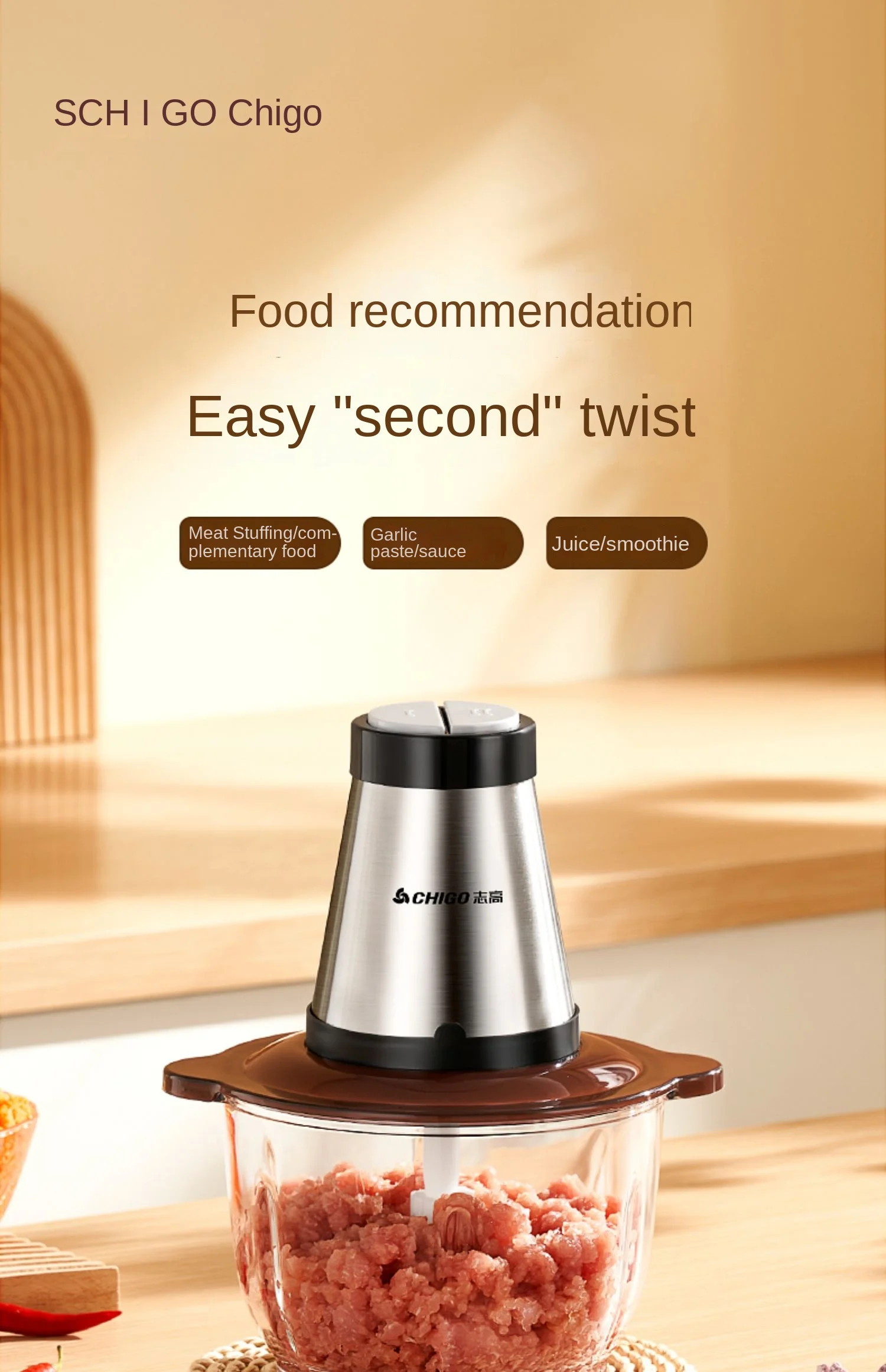 220V Chigo Meat Grinder, Electric Mini Meat Mincer and Vegetable Shredder for Home Use - Multi-functional Kitchen Gadget 4