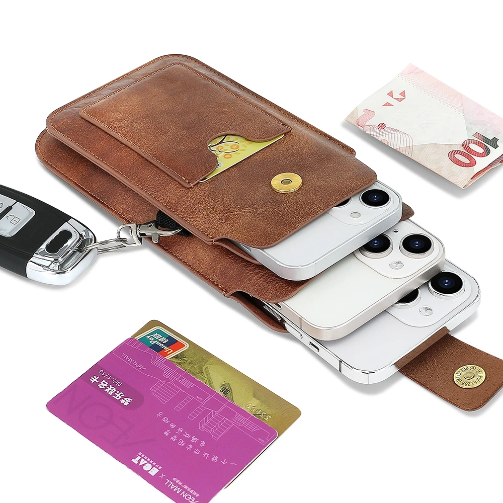 Mobile Phone Holster for 6.5-7.2 inch Universal Retro Magnetic Buckle Double Layer Phone Case Waist Bag