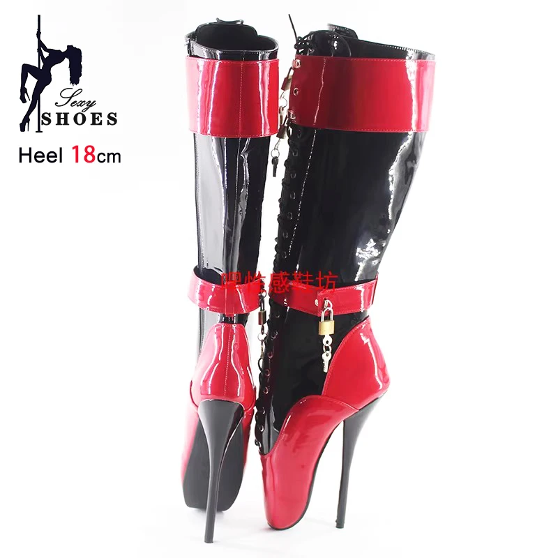 Size 36-46 Ballet Boots Lockable Padlocks Fetish 18CM/7Inch With Locks Keys Mid-calf Boots Customized Stiletto Chic Women Shoes