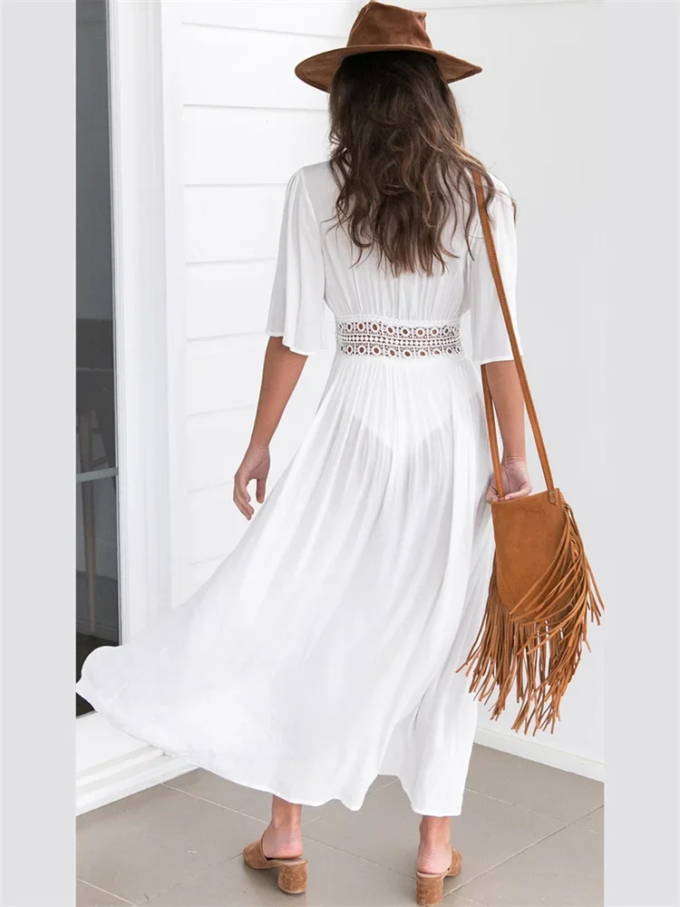 Summer Bikini Cover-ups Women Bohemian Beach Long Dress Short Sleeve Lace Hollow Out Cardigan Swimwear Cover Ups Beachwear