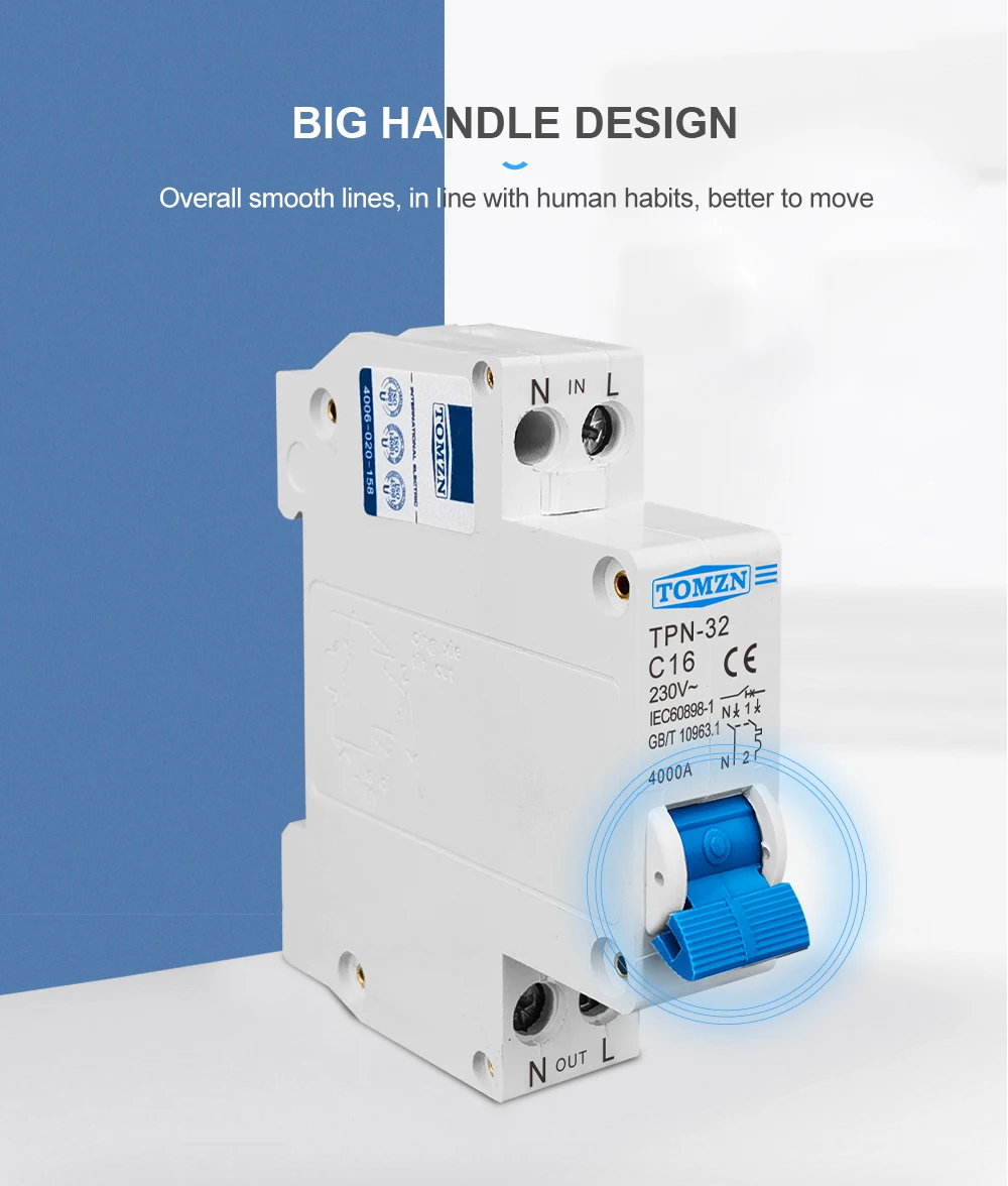 TPN 1P+N Mini Circuit Breaker MCB 10A 16A 20A 25A 32A 230V AC DIN Rail