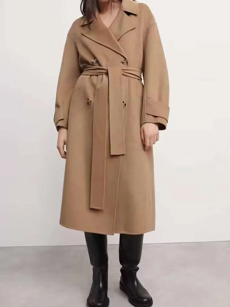 

Women New Fashion With Belt Double Breasted Double sided plush Coat Vintage Long Sleeve Pockets Female Outerwear Chic Overshirt