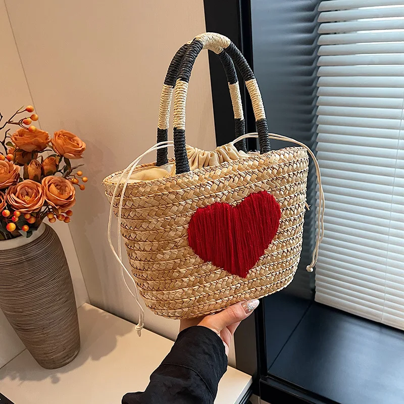 Bolsa de paja tejida de fábrica transfronteriza Bolsa de ratán Bolsa de mano tejida de paja de gran capacidad Bolso de mano para mujer 2024 Nuevo hecho a mano