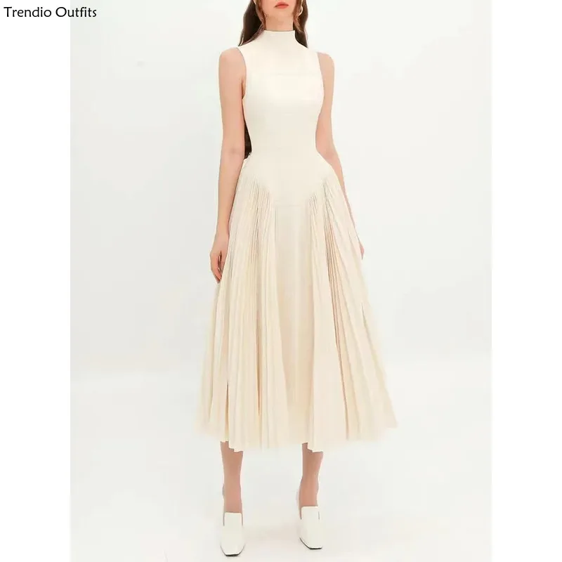 

Trendio Elegant Pleated Dresses For Women Stand Collar Sleeveless High Waist Tunic Solid Slimming Dress Femlae Summer Clothes