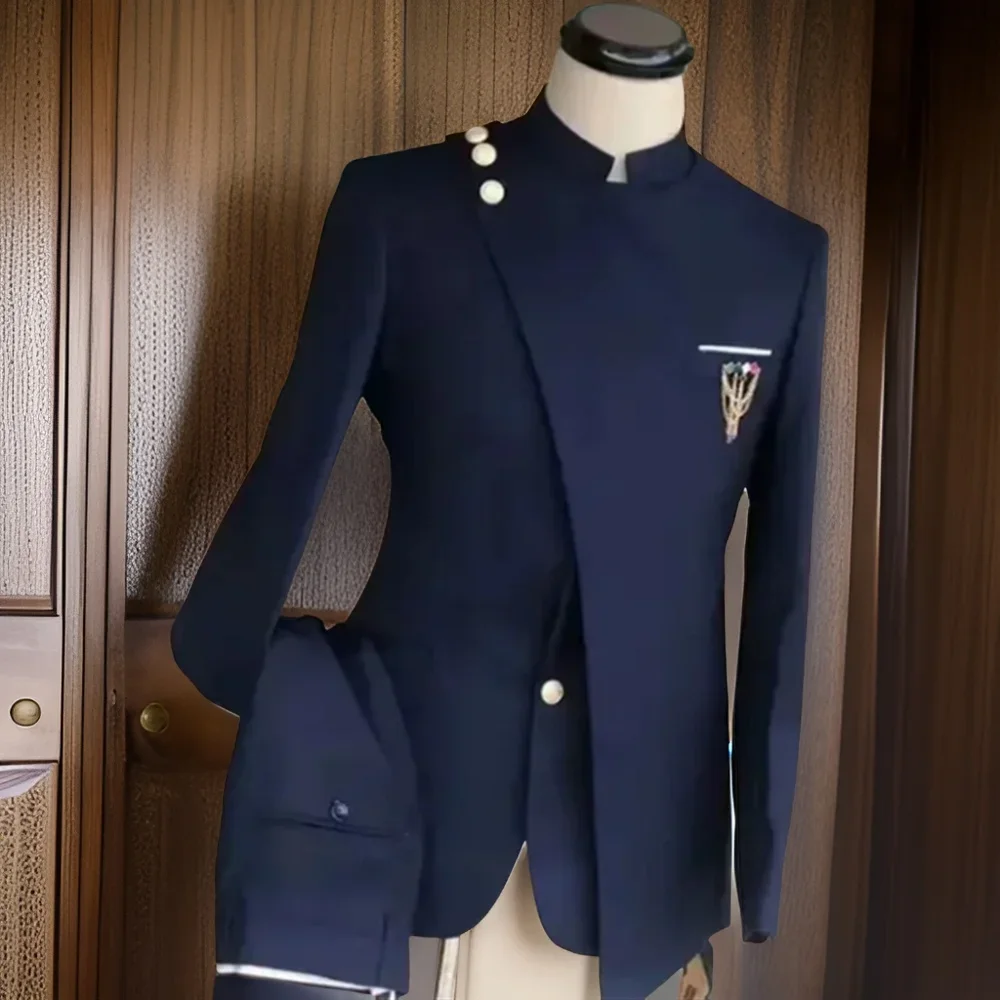 2 Pieces Slim Fit Men Suits for Wedding with Mandarin Stand Collar Male Fashion Groom Tuxedo Suit Jacket with Pants 4