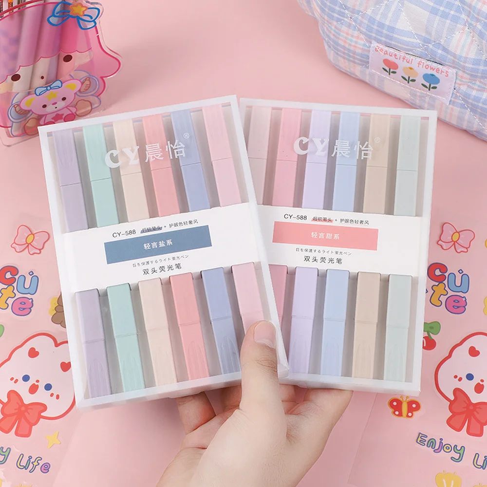 6pc/Lot Double-ended Highlighter Pen Set Pastel painting graffiti Fluo for School Text Markers Stationery Mini Felt Highlighters