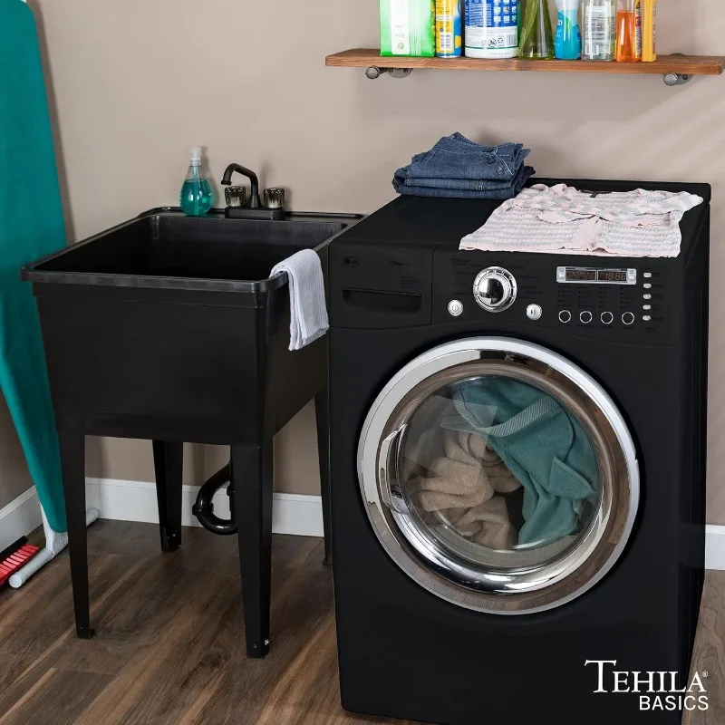 Tehila Basics 21-Gallon Black Freestanding Utility Sink with Black 2-Handle Faucet, Heavy Duty Plastic Laundry 3