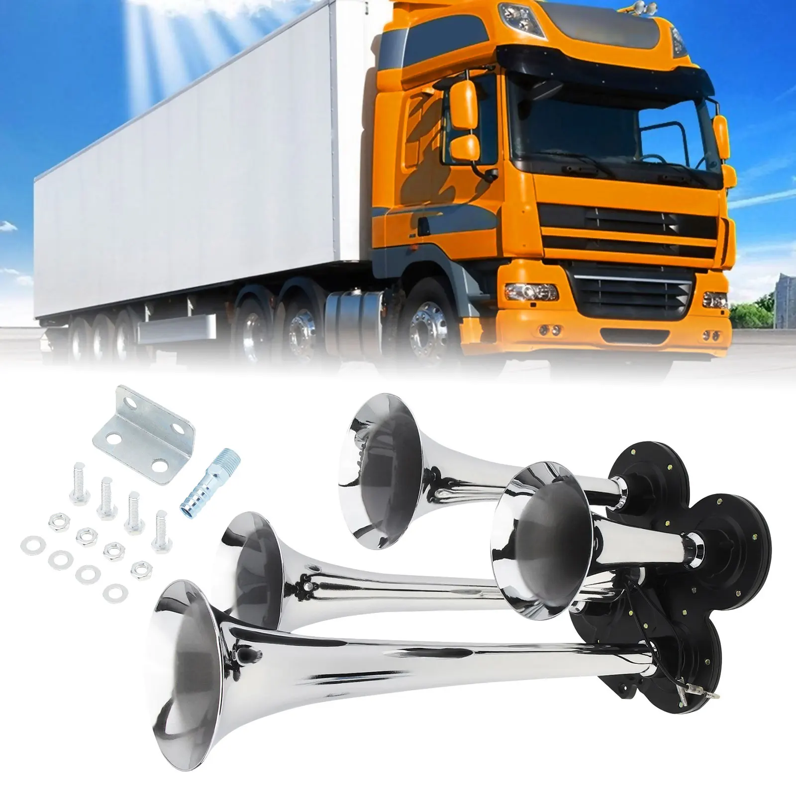 Car Air Horn 150.2db Trumpet 4-Trumpet Silver Super Loud Chrome Plated Zinc Alloy Universal Kit For Train Car Vehicle