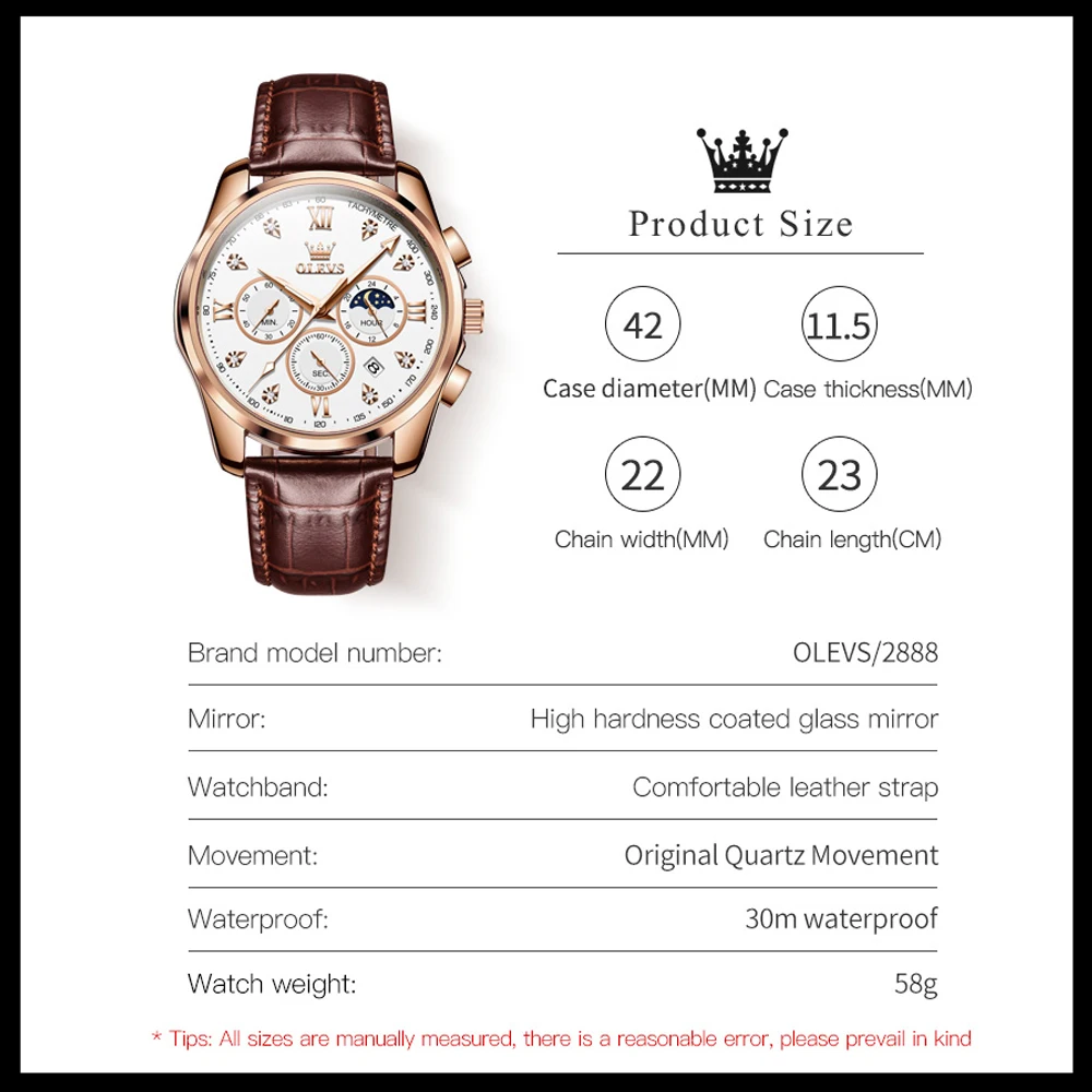 OLEVS Quartz Watch for Men Luxury Stainless Steel Men's Watch Waterproof Luminous Moon Phase Chronograph Wristwatch Reloj Hombre