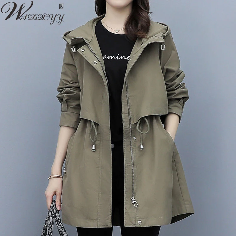 

Midi-Length Casual Windbreaker Women 2023 Solid Colors Hooded Trench Jacket Ladies Office Work Plus Size Jacket Autumn Winter