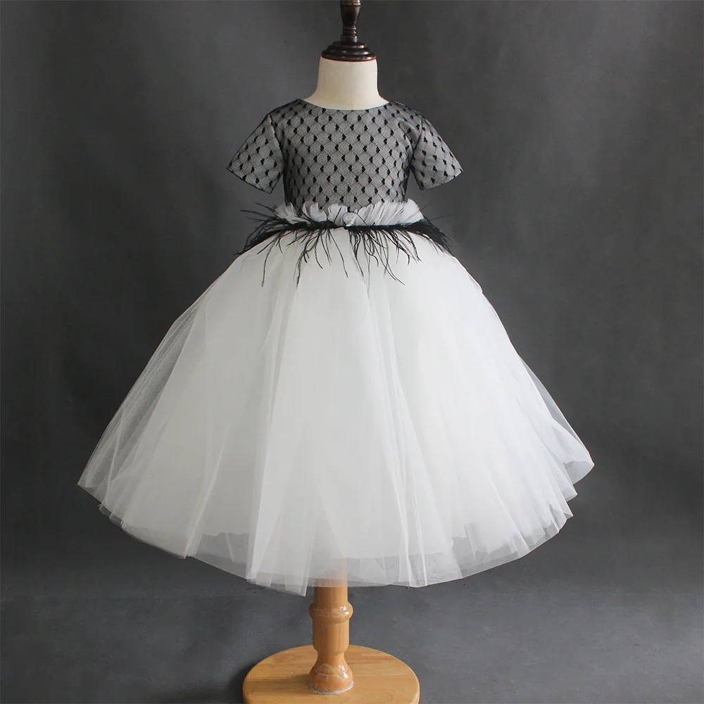

Children's Wedding Dress Girls' Lace Short Sleeve Performance Host Fluffy Mid length Princess Dress