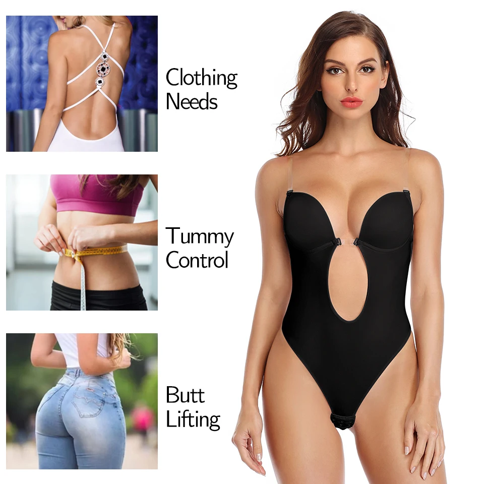 Women Shapewear Bodysuit Deep V-Neck Body Shaper Padded Bra Backless U Plunge Thong Shaper Waist Trainer Push Up Party Underwear
