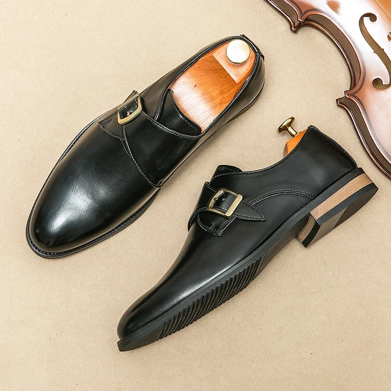 European Station Men  New Lefu Pointed Leather Shoes Side Buckle Casual Fashion Black Brown Sizes 38-46 Men  Shoes