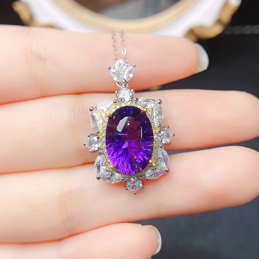 

FS 10*14mm Natural Amethyst Pendant Necklace S925 Pure Silver With Certificate Fine Charm Wedding Jewelry for Women MeiBaPJ New