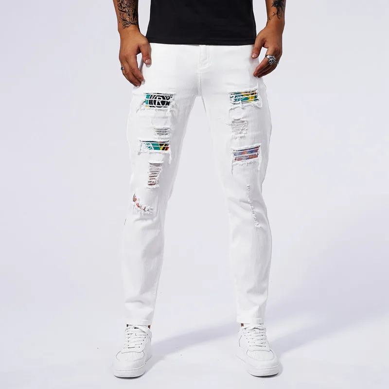 White Elastic Hot Diamond Denim Ripped Patch Skinny Pants Men