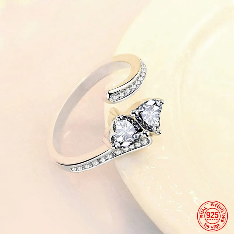 

925 Sterling Silver Double Heart Open Adjustable Ring For Women Fashion Jewelry Gift