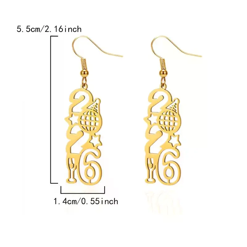 2026 New Year Minimalist Pendant Earrings - Stainless Steel Gold Star Heart Number Earrings Unisex Jewelry Gift For Women Men