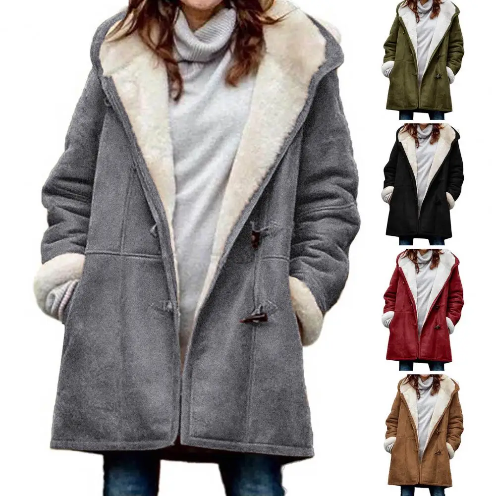 

Popular Winter Overcoat Washable Women Fuzzy Jacket Horn Buttons Loose Single Breasted Overcoat Streetwear