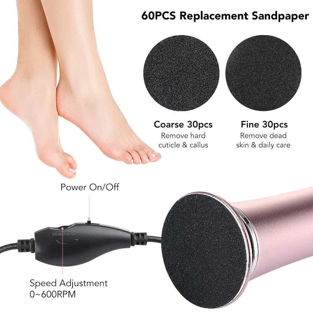 Electric Foot Callus Remover Foot Care File Leg Heels Remove Dead Skin Pedicure Tool Set Foot Grinder & Replacement Sandpaper