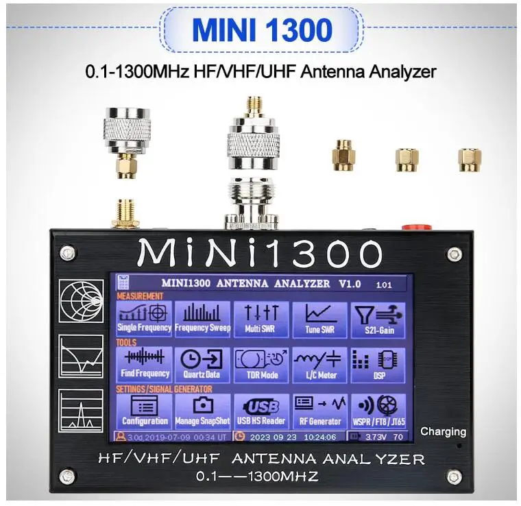 UV + HF 미니 1300 4.3 인치 터치 LCD, 0.1-1300MHz 13.GHz HF VHF UHF ANT SWR 안테나 분석기 미터, 충전식 배터리