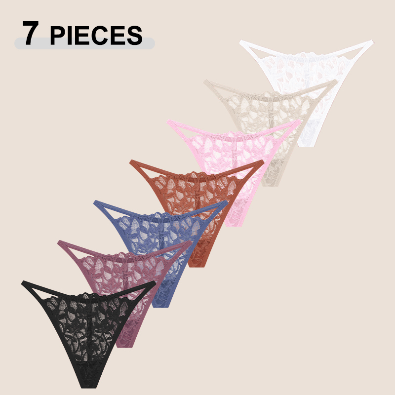 7Pcs/Set Women's Lace Panties Sexy Hollow Out Floral Thongs Solid Color Low Rise Thongs Fashion Cozy Breathable G-String S-XL