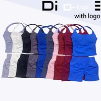 two piece DF yoga clothing set outfits woman yoga Impact Halter Top and spors shorts 4.5 inch Gym workout sets pilates clothes